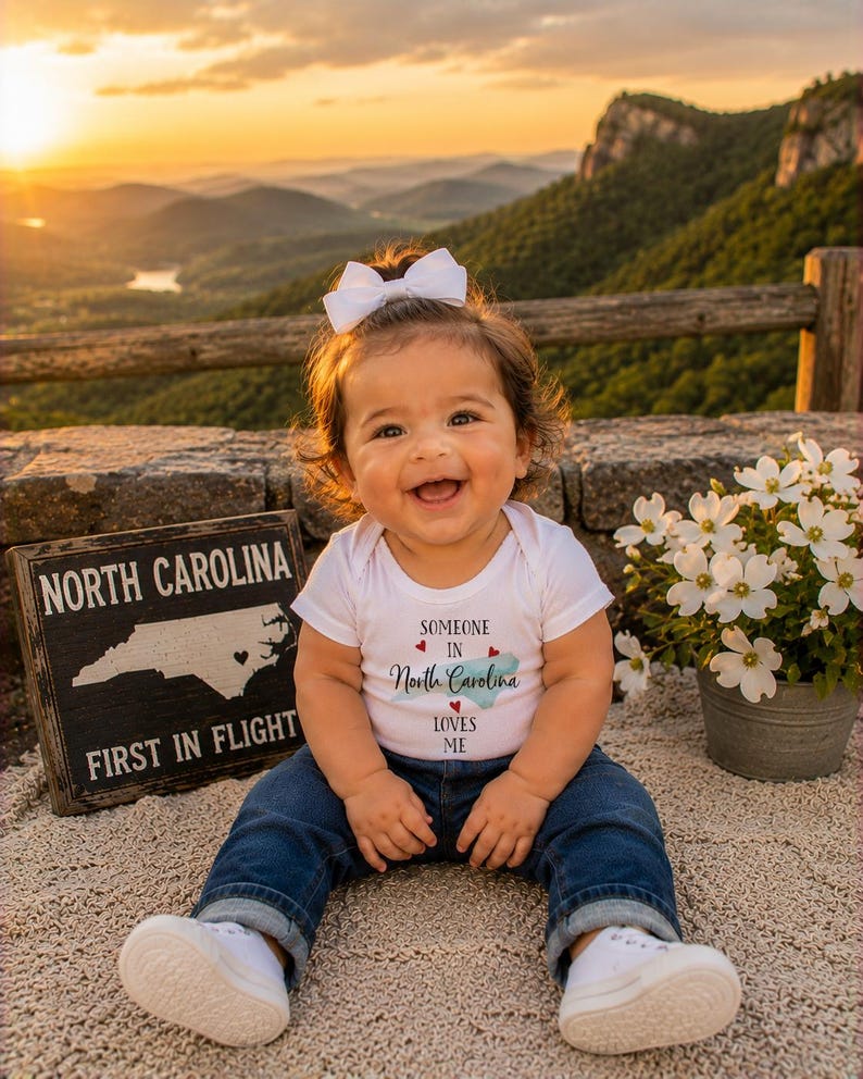 May include: A white short-sleeved bodysuit with the text "SOMEONE IN North Carolina LOVES ME" and a small map graphic, paired with dark blue jeans, white sneakers, and a white hair bow. A black sign with "NORTH CAROLINA FIRST IN FLIGHT" is nearby.