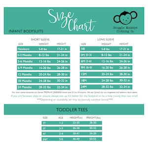 May include: A teal and white size chart for Snuggle Monkeys Clothing Co. infant bodysuits and toddler tees. The chart lists sizes, weights in lbs, and heights in inches for short sleeve and long sleeve bodysuits, plus ages for toddler tees.
