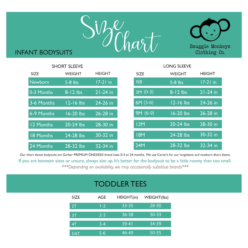 May include: A teal and white size chart for Snuggle Monkeys Clothing Co. infant bodysuits and toddler tees. The chart lists sizes, weights in lbs, and heights in inches for short sleeve and long sleeve bodysuits, plus ages for toddler tees.