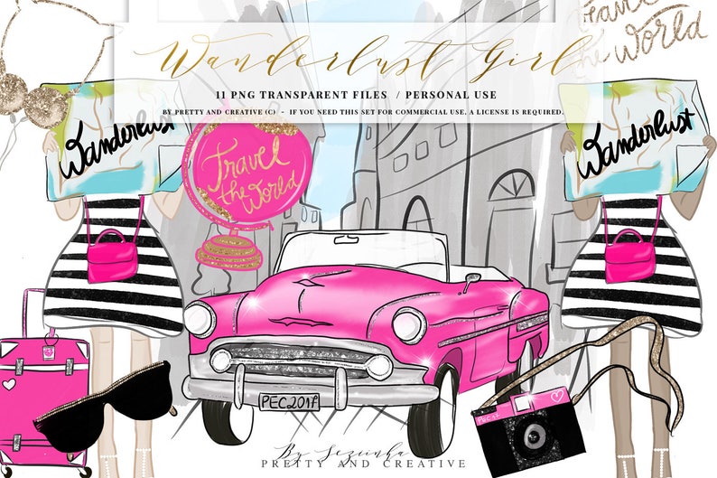Clip Art Fashion Bag Fashion Travel Travel Girl Pink Car Maps Rome Wanderlust Girl Travel Clipart Sunglasses Vintage Car