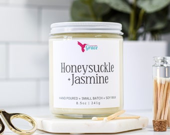 Honeysuckle Jasmine Scented Soy Candle, Relaxing Floral Candles, Handmade, Non-Toxic, Phthalate Free