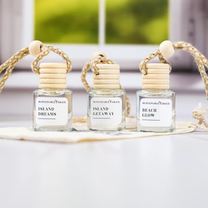 May include: Three glass bottles with wooden stoppers and string hangers. The bottles are filled with a clear liquid and have labels that read "Island Dreams", "Island Getaway", and "Beach Glow".