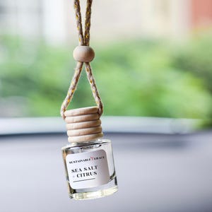 May include: A clear glass bottle with a wooden cap and a string hanging from it. The bottle contains a liquid and has a label that reads "Sustainable Grace Sea Salt + Citrus".