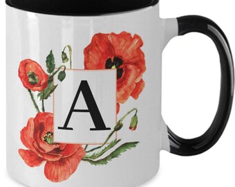 Personalised Letter B Floral Mug - Custom Name Coffee Cup, Gold Print, 11oz Black Ceramic Mug