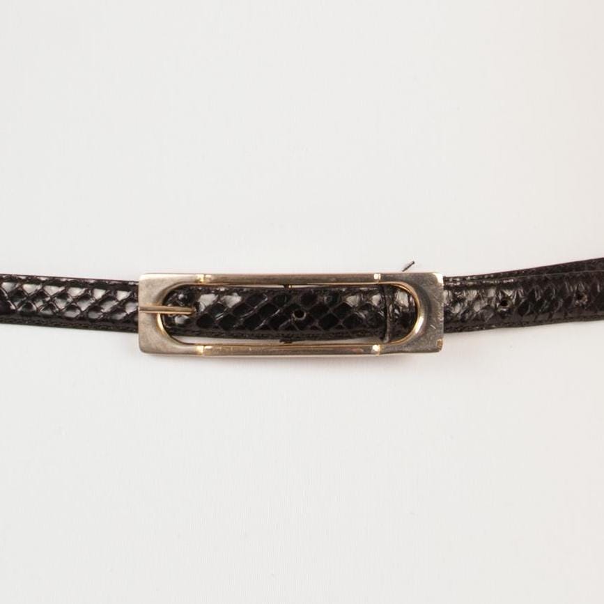 Vintage Black Snakeskin Belt With Gold Rectangular Buckle 