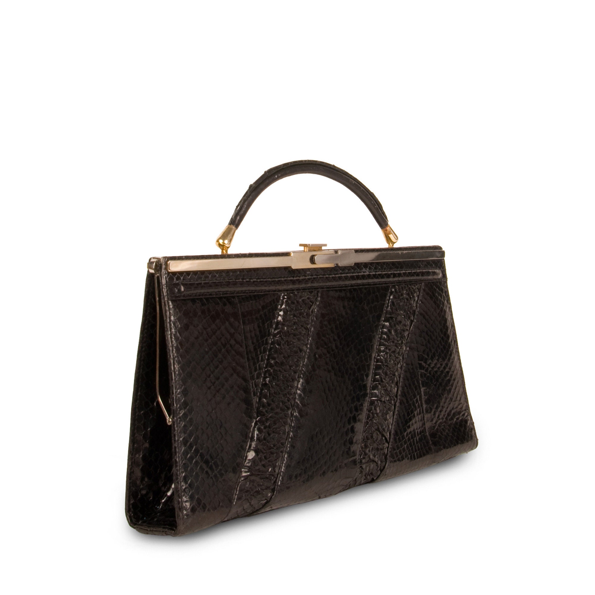 Sac à Main Pochette En Peau De Serpent Noir Vintage - Occasion, Style Clutch, Fermeture Zip