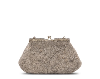 Silver Beaded Evening Clutch - Vintage 1950s style- Hand-Embroidered Cocktail Purse