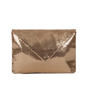 Whiting & Davis gold-coloured metal mesh envelope clutch