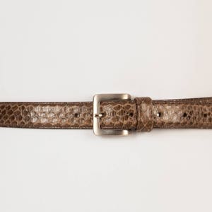May include: A brown leather belt with a silver buckle. The belt has a textured, embossed pattern.