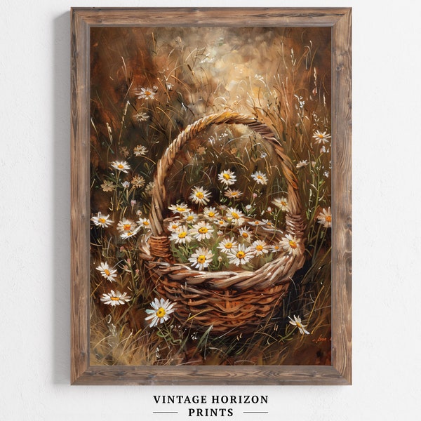 Vintage Daisy Meadow Basket Print, Immersive Fantasy Style, Floral Oil Painting, Farmhouse Decor, Antique Artwork, Digital Download #481