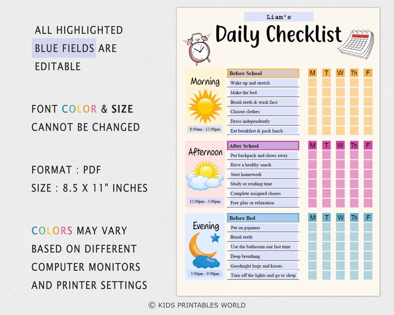 Editable Daily Checklist for Kids Organize Your Child's Day and 