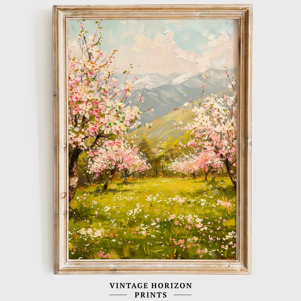 Cherry Tree Blossoms Printable, Mountain View Wall Art, Vintage Spring Oil Painting, Pink Blossom Artwork, Digital Download #461