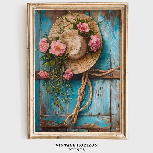 Rustic Straw Hat Painting, Pink Flowers on Wooden Door Printable, Spring Decor, Nature Scene Wall Art, Digital Download #479