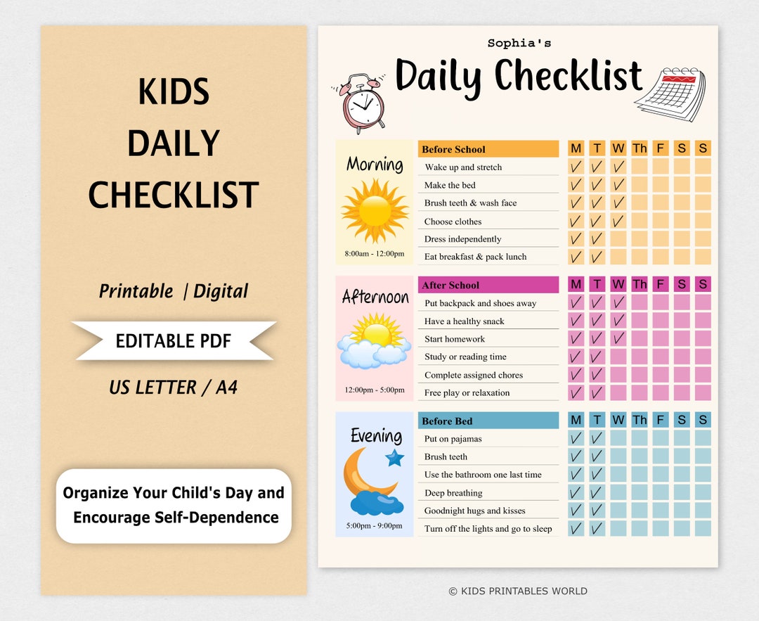 Editable Daily Checklist for Kids Organize Your Child's Day and 
