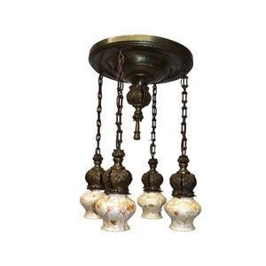 Steuben Chandelier ~ Four Drop Lights ~ Signed ~ Aurene Steuben Shades ~ Arts and Crafts ~ Art Glass