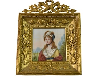 Vintage French Bronze Frame Gold Dore Miniature Painted Portrait