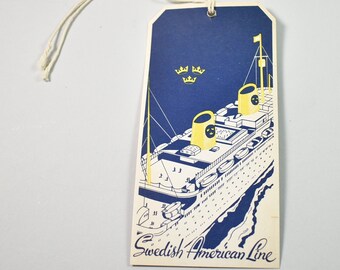 Swedish American Line ~ Art Deco ~ Steamship Stateroom Cabin Tie On Baggage Tag ~ NOS