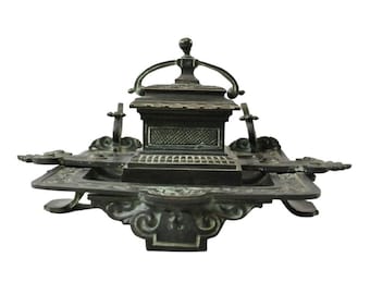 Inkwell ~ Antique ~ Victorian ~ Bronze Inkwell w/ Verdigris Patina ~ Pen Rest