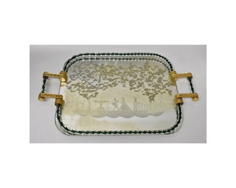 Bandeja veneciana vintage de cristal espejado con asas de bronce, al estilo de Ercole Barovier.