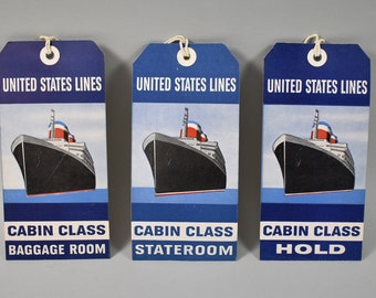 United States Line ~ Steamship Stateroom Cabine Baggage Form Hold ~ Tie On Baggage Tag ~ NOS - Set de 3 étiquettes