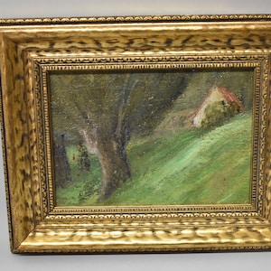Antique 19th Century Original Oil On Canvas On Board Painting Woodland & Cottage