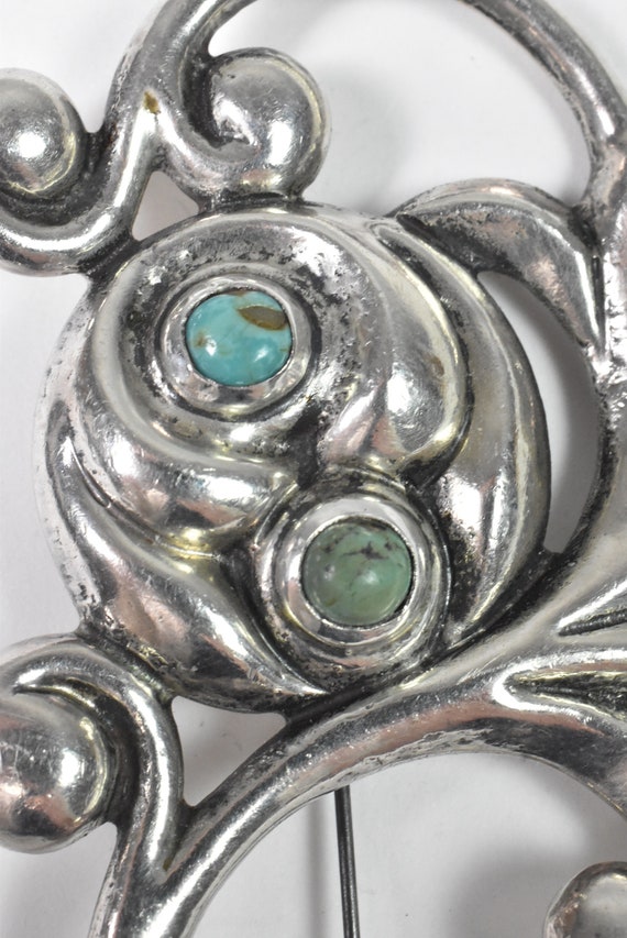 Vintage Mexican Silver Brooch with Turquoise Beads - image 2