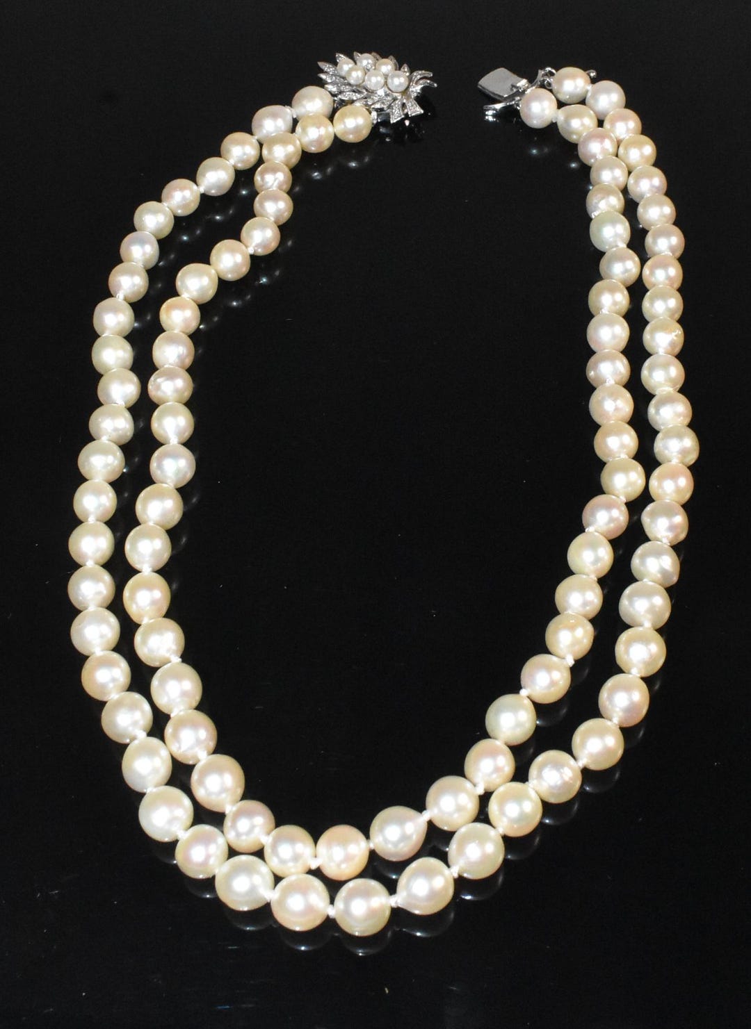 Vintage Double Strand 8mm Pearl Necklace 14k White Gold & Diamond Clasp ...