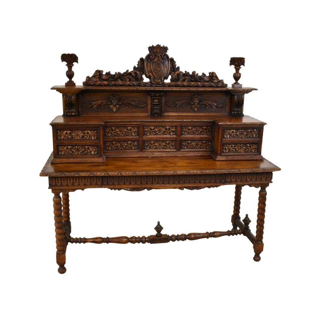 Antique French Oak Writing Desk Late 19th Century Hand Carved Etsy