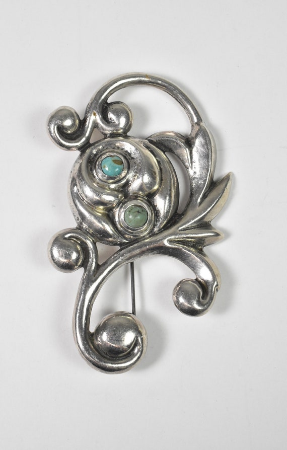 Vintage Mexican Silver Brooch with Turquoise Beads