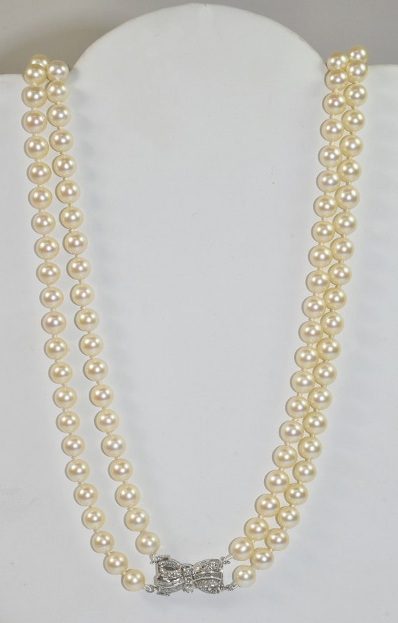 Double Strand Pearls 14K and Diamond Clasp - image 3