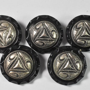 Vintage Black Bakelite Buttons with Metal Design, set of 5, 1 5/8&quot;