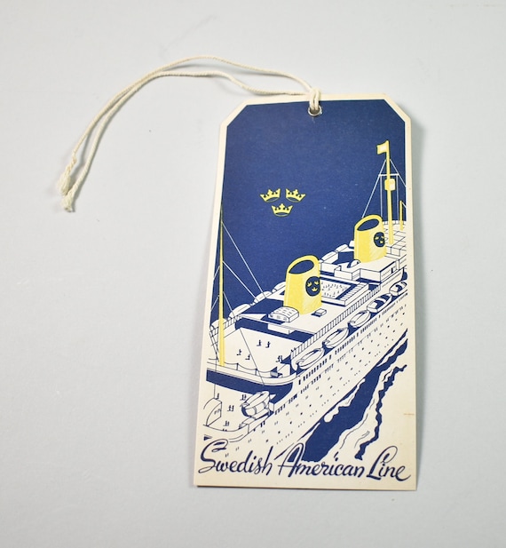 Swedish American Line ~ Art Deco ~ Steamship Stateroom Cabin Tie On Baggage Tag ~ NOS