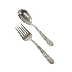 Salad Set ~ S Kirk & Son ~ Repousse ~ Sterling Silver ~ 9.5&quot; Long ~ Serving Fork and Serving Spoon