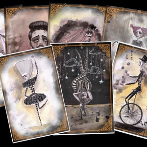 Ensemble complet de cirque sombre 7 cartes postales/feuilles