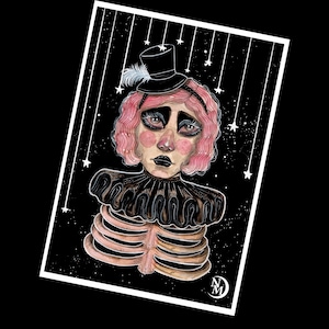May include: A digital illustration of a woman with pink hair wearing a black and white clown costume. She has a skeletal ribcage visible beneath her costume. The background is black with white stars.