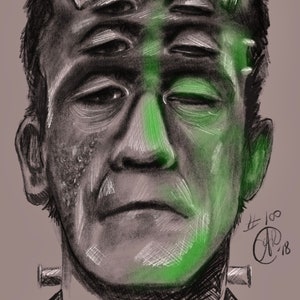 May include: A black and white pencil drawing of Frankenstein's monster with green highlights. The monster has four eyes and a stitched-up neck. The drawing is signed "#100 AP 18".