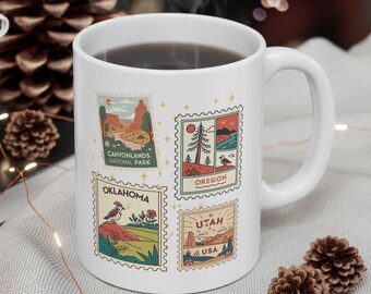 Vintage Travel Stamp Ceramic Mug: Retro Coffee Cup, Gift for Adventurers