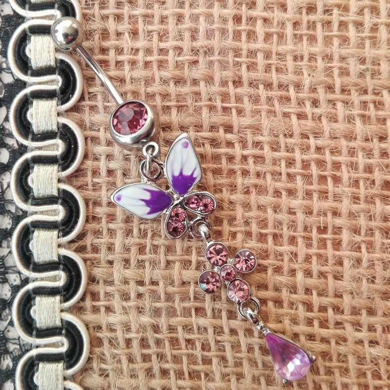 316L Surgical Steel 10mm Bar Handmade LilacPurple Flower Bohemian Dangle Belly Bar Navel Ring