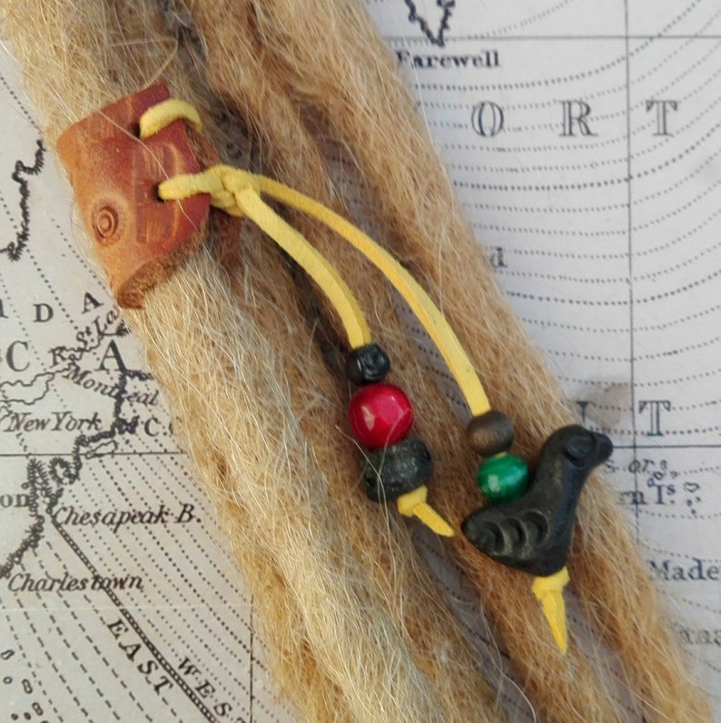 SM Leather Dread Cuff Wrap Bead Up-cycled Genuine Leather DreadBeardHair CuffBead with Beaded Tails. Unique Hand Crafted