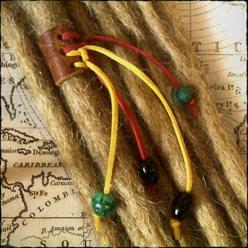 Dread Cuff Wrap Bead Re-purposed for Dread Small LEATHER Hair Length 4.5cm Beard Plait with Beaded Tails. Unique Hand Crafted