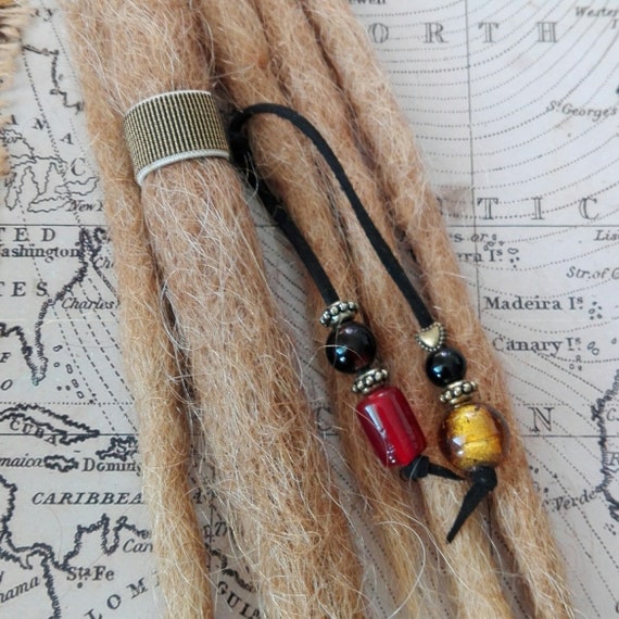 Dread Cuff Wrap Bead Re-purposed for Dread Small LEATHER Hair Length 4.5cm Beard Plait with Beaded Tails. Unique Hand Crafted