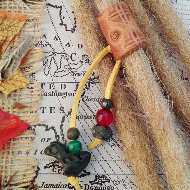 SM Leather Dread Cuff Wrap Bead Up-cycled Genuine Leather DreadBeardHair CuffBead with Beaded Tails. Unique Hand Crafted