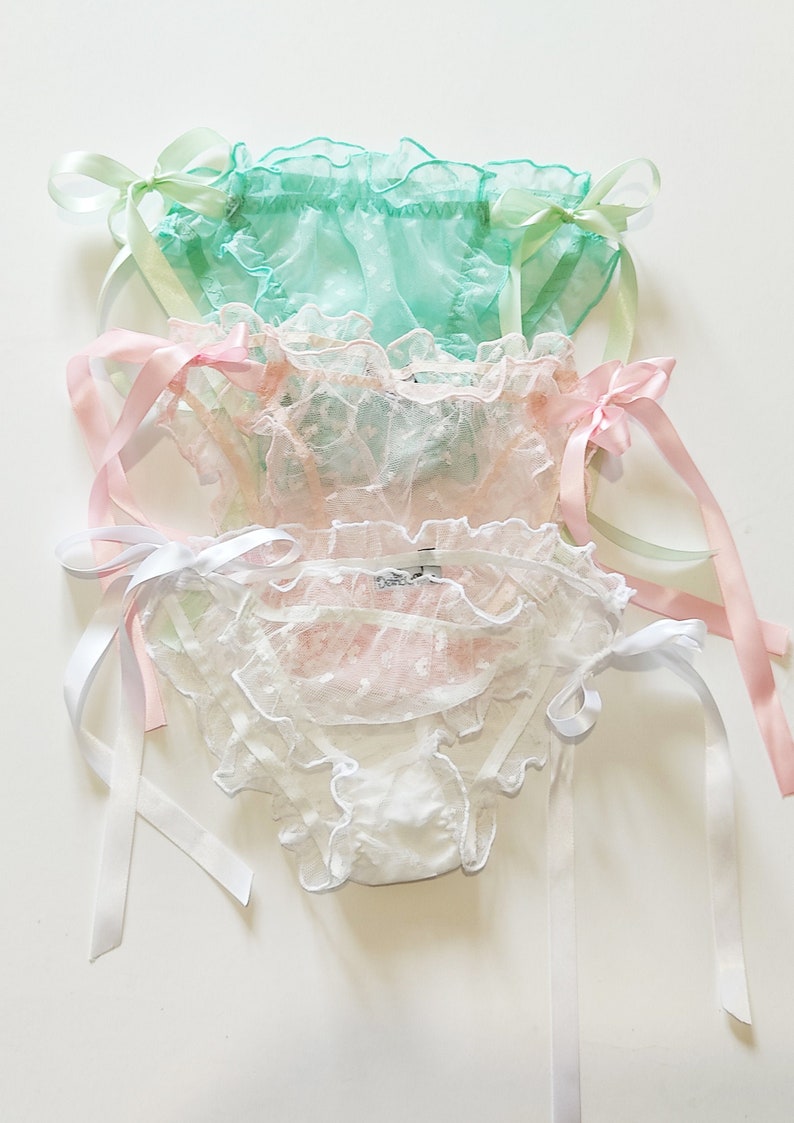 Transparent froufrou panties with small hearts to tie with ribbons in white, pink or mint green satin 