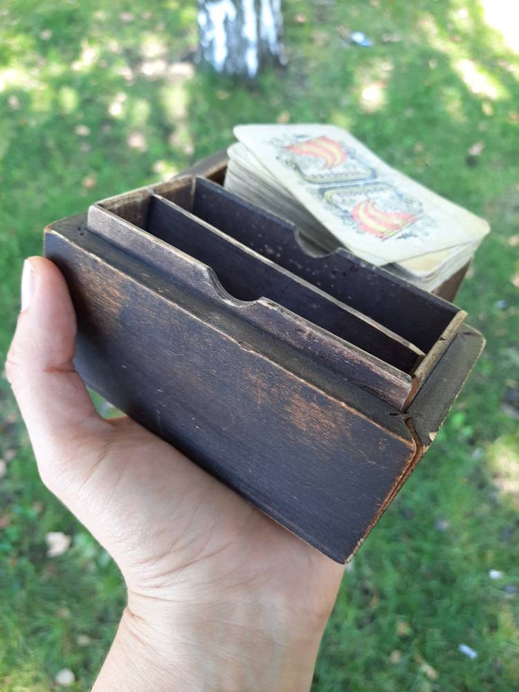 Vintage wooden playing card holder box for 2 decks of cards Etsy