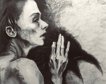 Hearken | Giclee Print of an original Charcoal Drawing | Crow | Witch | David Seed Fine Art | Morrigan | 250gsm Acid Free A4 Paper