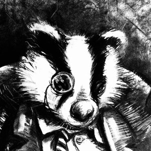 May include: A black and white illustration of a badger wearing a monocle and a bow tie. The badger is looking to the right of the image.
