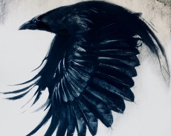 Wings. Gothic art print of original raven charcoal drawing. Animal wall art. Dark Feathers. Collectable rarity. Giclee.