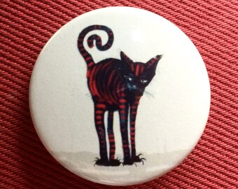 Redcat badge | Button Badge image based on original drawing | Cat | Pin | Humour | Tabby Stripes | Spider Feet