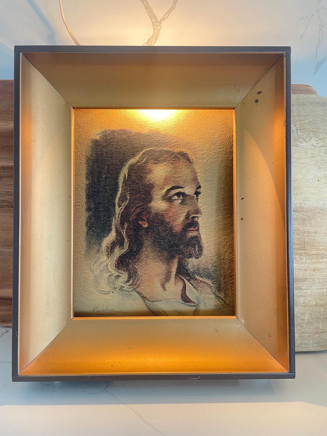 Vintage Lighted Jesus Portrait | Metal Framed Christian Art | Vintage ...