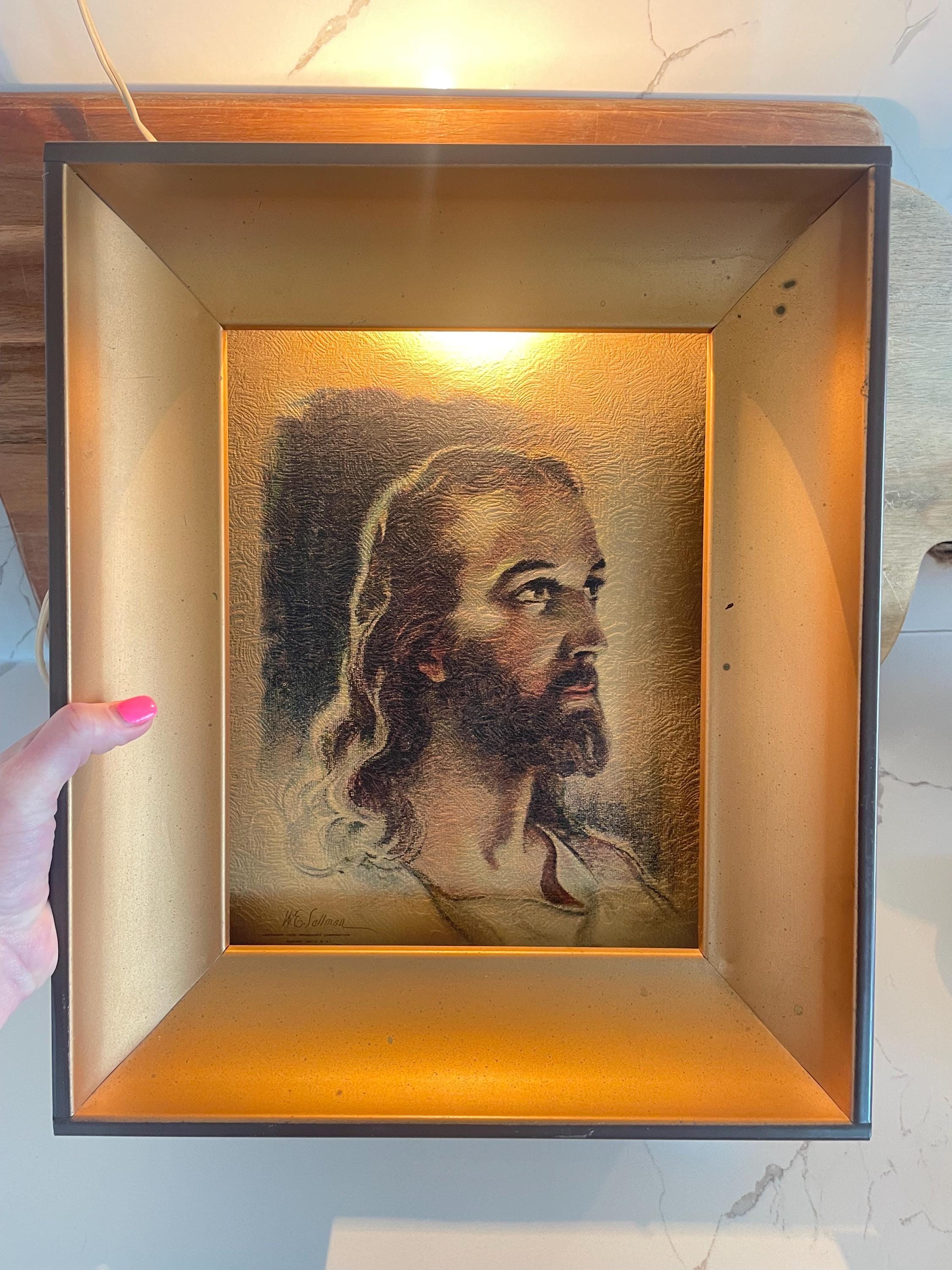 Vintage Lighted Jesus Portrait | Metal Framed Christian Art | Vintage ...